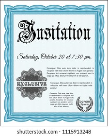 Light blue Formal invitation template. Sophisticated design. With complex linear background. Detailed. 