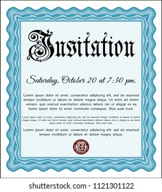 Light blue Formal invitation template. Detailed. With guilloche pattern and background. Beauty design. 