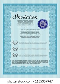 Light blue Formal invitation template. With great quality guilloche pattern. Money Pattern design. Vector illustration. 