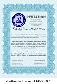 Light blue Formal invitation template. Money design. Vector illustration. With guilloche pattern and background. 