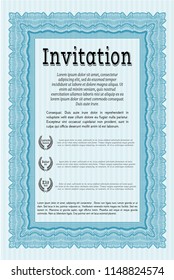 Light blue Formal invitation template. With guilloche pattern and background. Superior design. Vector illustration. 
