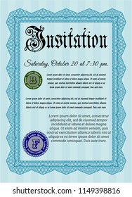 Light blue Formal invitation template. Beauty design. Customizable, Easy to edit and change colors. With great quality guilloche pattern. 