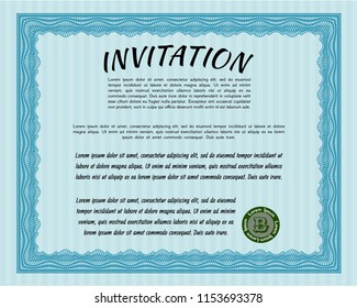 Light blue Formal invitation template. With guilloche pattern. Artistry design. Vector illustration. 