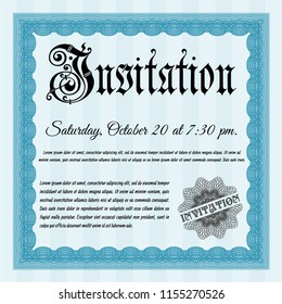 Light blue Formal invitation template. With guilloche pattern and background. Vector illustration. Modern design. 