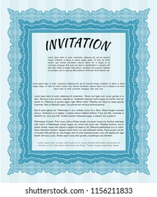 Light blue Formal invitation template. With great quality guilloche pattern. Nice design. Vector illustration. 