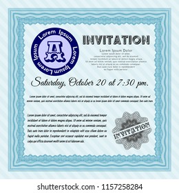  Light blue Formal invitation template. Vector illustration. Easy to print. Cordial design. 