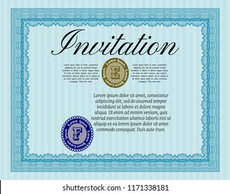 Light blue Formal invitation template. Retro design. Vector illustration. With guilloche pattern and background. 