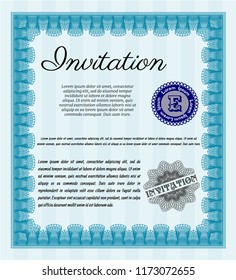 Light blue Formal invitation template. Retro design. Detailed. With guilloche pattern and background. 