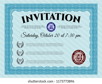Light blue Formal invitation template. Nice design. With background. Detailed. 
