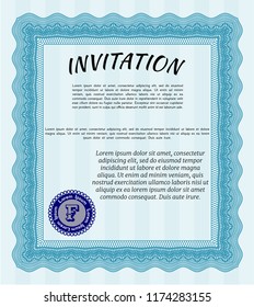 Light blue Formal invitation template. Printer friendly. Detailed. Beauty design. 