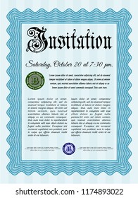 Light blue Formal invitation template. Money style design. Easy to print. Detailed. 