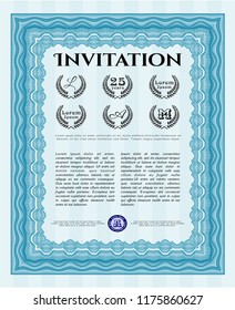 Light blue Formal invitation template. Vector illustration. With great quality guilloche pattern. Good design. 