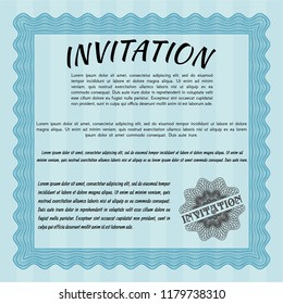 Light blue Formal invitation template. Sophisticated design. Detailed. With great quality guilloche pattern. 