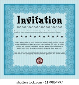 Light blue Formal invitation template. Excellent design. With guilloche pattern and background. Vector illustration. 
