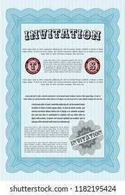 Light blue Formal invitation template. With great quality guilloche pattern. Beauty design. Customizable, Easy to edit and change colors. 