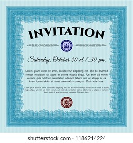 Light blue Formal invitation template. With great quality guilloche pattern. Artistry design. Vector illustration. 