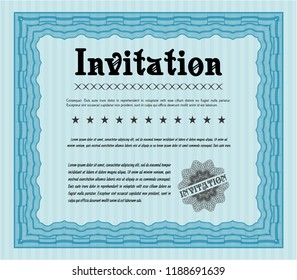 Light blue Formal invitation template. With great quality guilloche pattern. Vector illustration. Cordial design. 