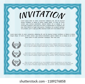 Light blue Formal invitation template. Perfect design. Vector illustration. With guilloche pattern. 