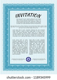 Light blue Formal invitation template. Vector illustration. With great quality guilloche pattern. Money style design. 