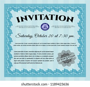 Light blue Formal invitation template. With guilloche pattern and background. Detailed. Elegant design. 