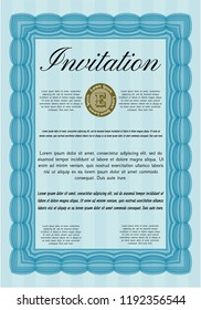 Light blue Formal invitation template. Artistry design. Vector illustration. With guilloche pattern and background. 