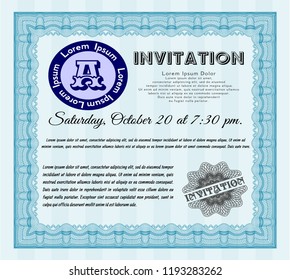 Light blue Formal invitation template. Retro design. With complex background. Vector illustration. 