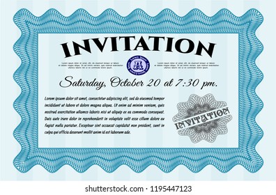 Light blue Formal invitation template. Beauty design. With guilloche pattern. Customizable, Easy to edit and change colors. 