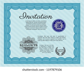Light blue Formal invitation template. With complex linear background. Detailed. Lovely design. 