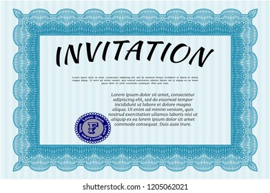 Light blue Formal invitation template. Customizable, Easy to edit and change colors. Printer friendly. Money style design. 