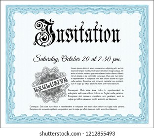 Light blue Formal invitation template. Printer friendly. Vector illustration. Superior design. 