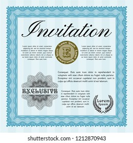 Light blue Formal invitation template. With guilloche pattern. Money design. Detailed. 