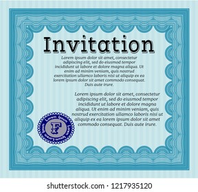 Light blue Formal invitation template. With linear background. Detailed. Retro design. 