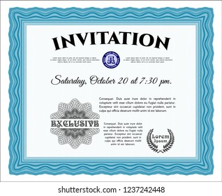 Light blue Formal invitation template. Cordial design. With complex linear background. Vector illustration. 