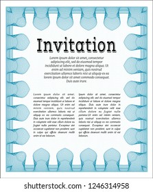 Light blue Formal invitation template. With great quality guilloche pattern. Perfect design. Detailed. 