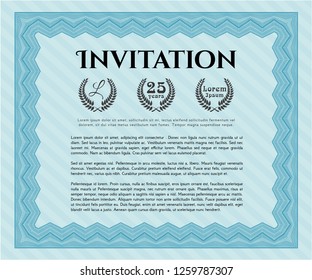 Light blue Formal invitation template. With great quality guilloche pattern. Excellent design. Detailed. 