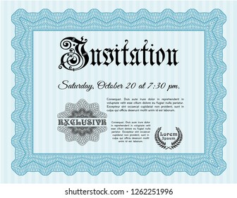 Light blue Formal invitation template. Printer friendly. Customizable, Easy to edit and change colors. Retro design. 