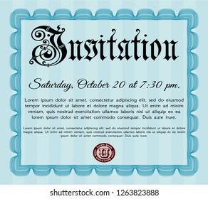 Light blue Formal invitation template. Vector illustration. With guilloche pattern and background. Money design. 