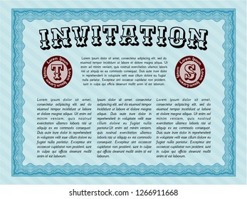 Light blue Formal invitation template. Perfect design. Vector illustration. With guilloche pattern and background. 