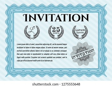 Light blue Formal invitation template. Detailed. Complex background. Money Pattern. 
