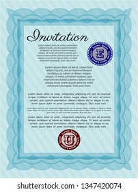 Light blue Formal invitation template. With guilloche pattern and background. Detailed. Retro design. 
