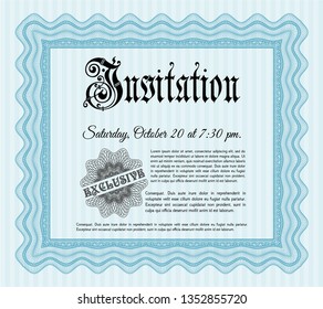 Light blue Formal invitation template. Vector illustration. With complex linear background. Perfect design. 