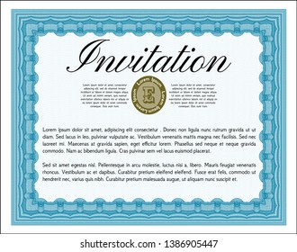 Light blue Formal invitation template. With guilloche pattern and background. Nice design. Customizable, Easy to edit and change colors. 