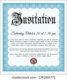 Light blue Formal invitation template. With great quality guilloche pattern. Customizable, Easy to edit and change colors. Elegant design. 