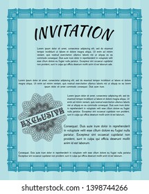 Light blue Formal invitation template. Vector illustration. With guilloche pattern and background. Artistry design. 
