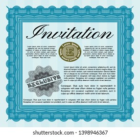 Light blue Formal invitation template. With guilloche pattern. Detailed. Cordial design. 