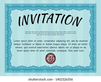 Light blue Formal invitation template. Complex background. Retro design. Detailed. 