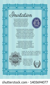 Light blue Formal invitation template. Detailed. With complex linear background. Perfect design. 