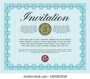 Light blue Formal invitation template. With guilloche pattern and background. Nice design. Customizable, Easy to edit and change colors. 