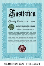  Light blue Formal invitation template. Superior design. With guilloche pattern and background. Customizable, Easy to edit and change colors. 