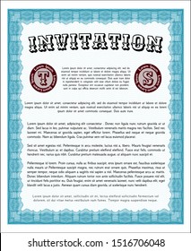 Light blue Formal invitation template. With great quality guilloche pattern. Lovely design. Detailed. 